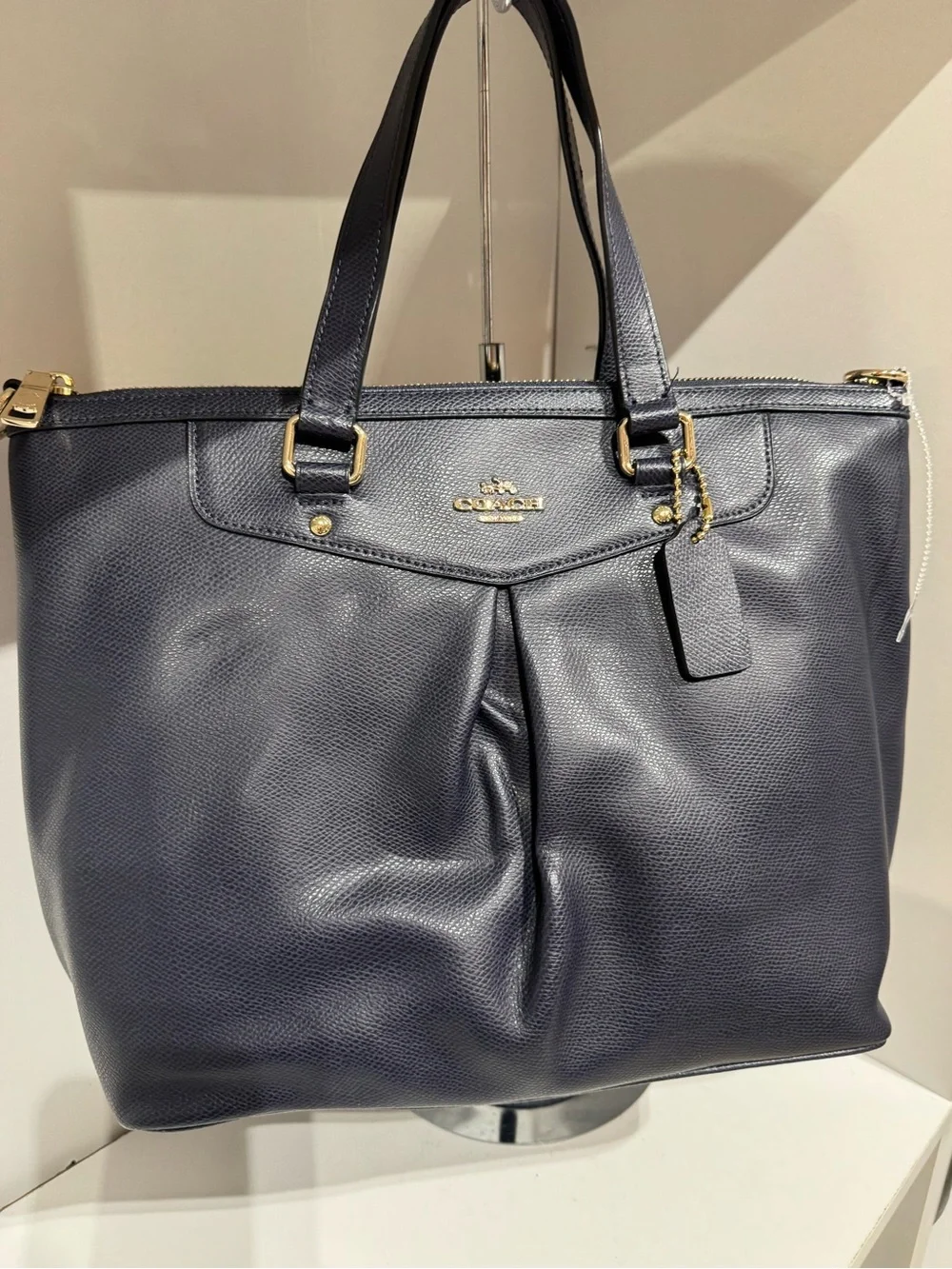 Coach Ashley Navy Pebbled Leather Tote with Detachable Strap and Gold Hardware